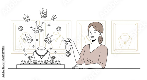 Elegant Woman Admiring Jewelry in a Boutique with a Dreamy Embellishment effect
