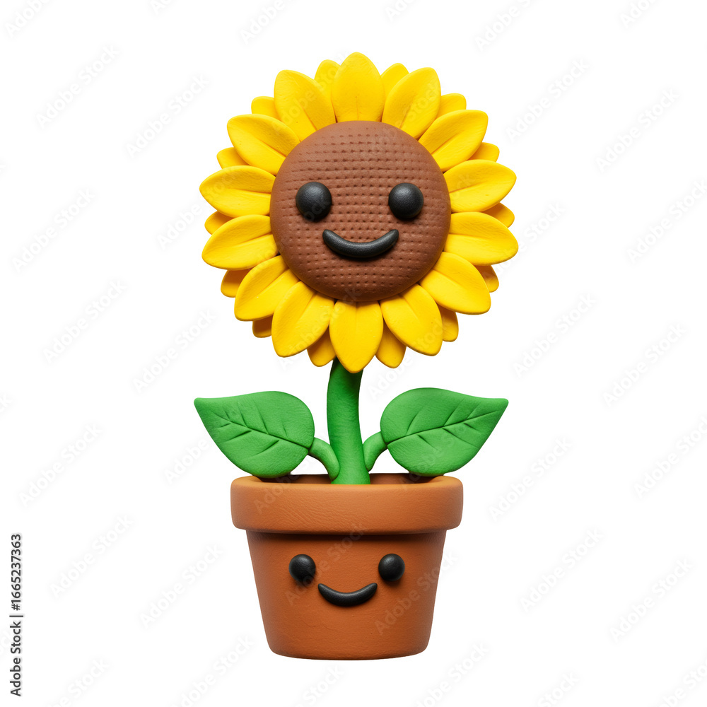 Obraz premium Smiling Cartoon Sunflower in Brown Pot