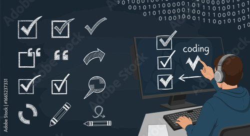 Coding checklist concept with developer using computer and drawing checkmarks on screen