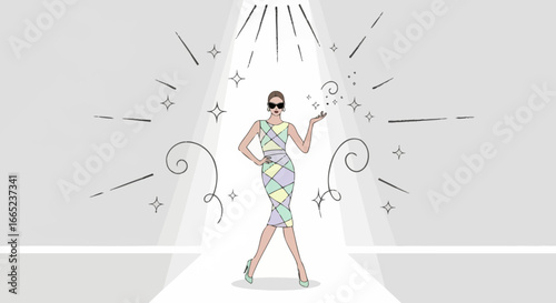 Elegant woman showcasing haute couture fashion on the runway under the spotlight