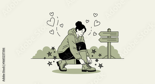 Empowered female adventurer preparing for exploration with love and guidance concept