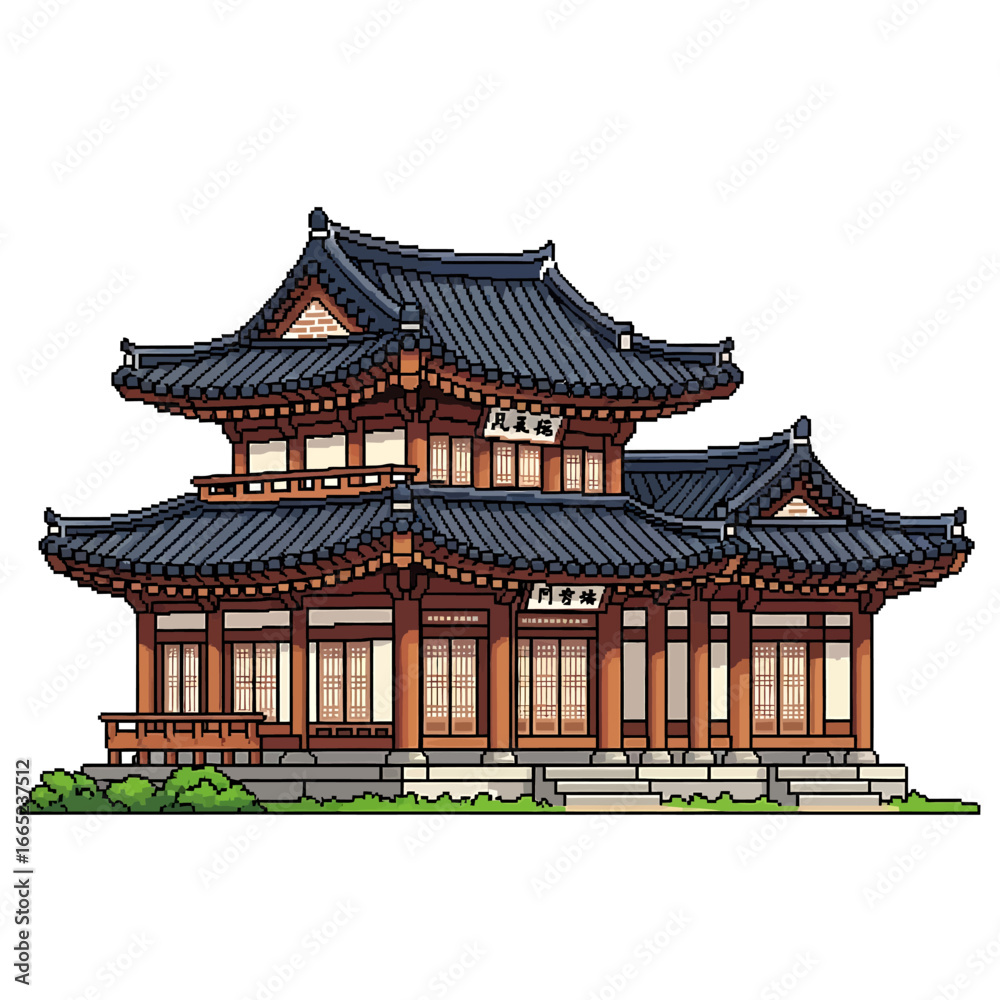 Obraz premium Colorful illustration of a traditional Korean style building, showcasing intricate architecture and design elements.