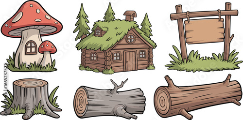 Cartoon forest scene with mushroom house, wooden cabin, tree stumps, logs, and rustic signboard in fantasy nature vector illustration.