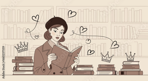 Enchanting illustration of a woman immersed in a book surrounded by dreams of love and royalty