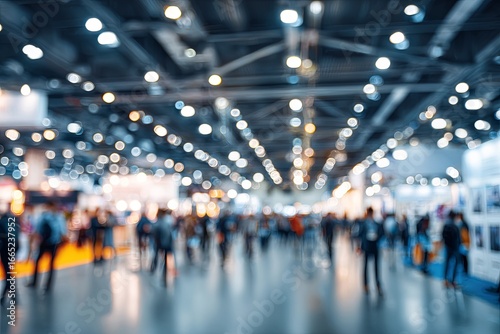 Blurred Image of Busy Expo Hall with Vibrant Lighting and Crowded Attendees at a Trade Show Event