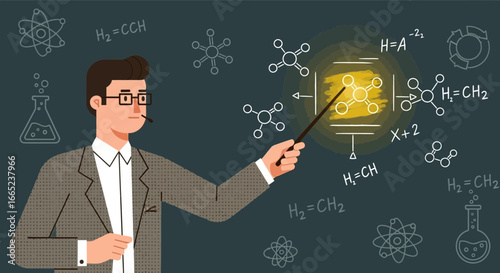 Enthusiastic chemistry teacher explaining molecular structure with equations on chalkboard