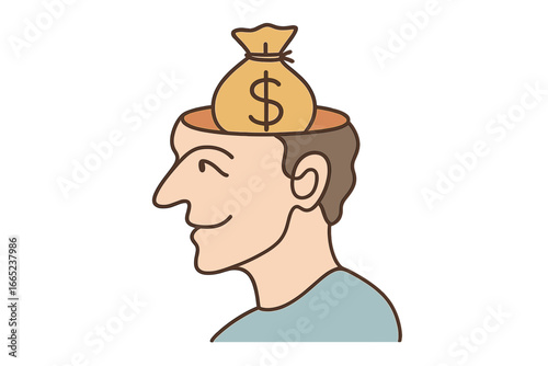 Creative illustration of a man with a money bag on his head symbolizing wealth and financial thinking