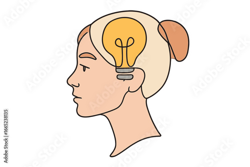 Woman with a light bulb in her head representing ideas and creativity in a minimalistic style
