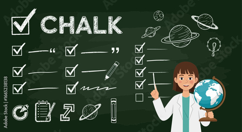 Enthusiastic teacher showcasing a globe against a chalkboard with chalk drawings and checkmarks