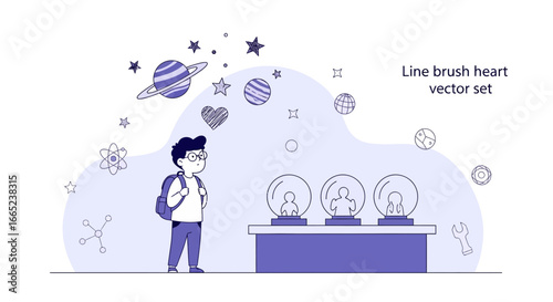 Exploration of science and technology concept featuring curious student and exhibits