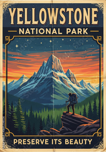  A vintage poster for Yellowstone National Park. It highlights the beauty of nature with a majestic mountain and sunset scene, perfect for nature lovers.