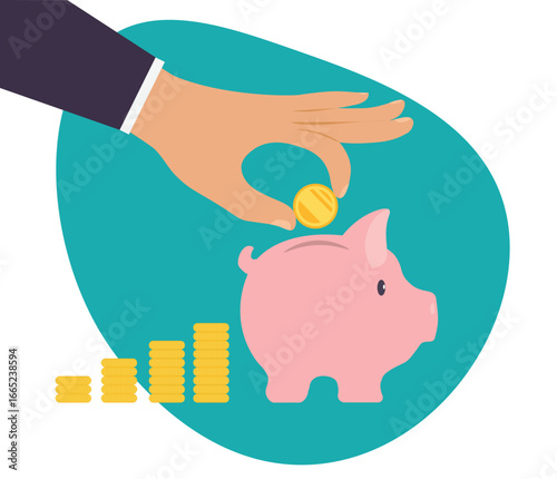 A hand dropping a coin into a pink piggy bank, with stacks of coins lined up behind it