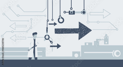 Conceptual illustration of automation and technological advancement with a repairman