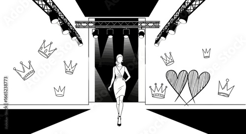 Fashion show in black and white with a model walking on the runway lights camera action