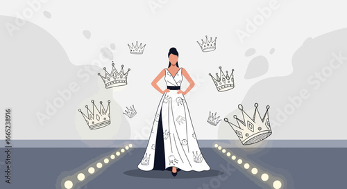 Fashionable woman illustration with crowns conveying ambition and aspiration elegance
