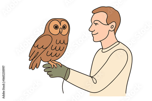 Man interacting with a brown owl on his gloved hand in a cozy indoor setting