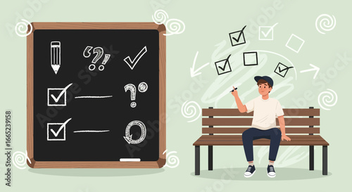 Conceptual image showcasing planning checklist, drawing process and creative thinking person