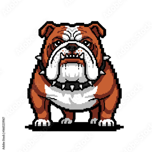 Pixelated bulldog illustration with brown and white fur, wearing a spiked collar, standing on a white background.