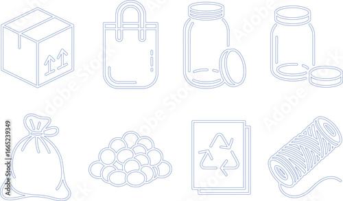 Line Art Outline of Box, Bag, Jars, Paper, String and Heap on a White Background