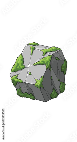 A pixelated image of a moss-covered rock with sharp geometric facets suggesting a crystalline structure or a constructed object in a digital environment or game