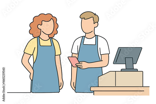 Employees interact at checkout counter during busy afternoon shift in local shop