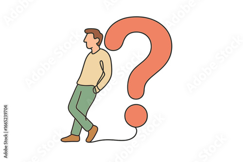 Curious person stands next to a large question mark in a simple illustration