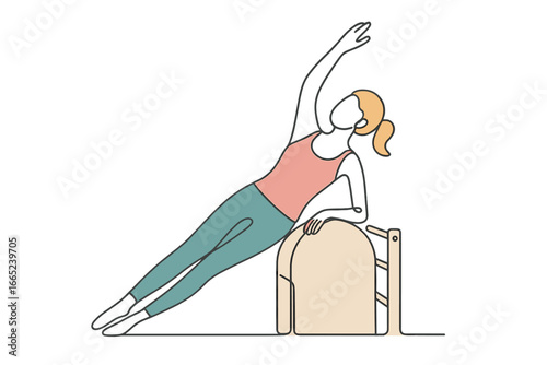 Woman practicing side plank exercise near a Pilates reformer in a bright studio