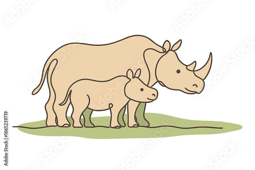 Rhinoceros mother and baby standing together on green grass in a natural habitat during daytime