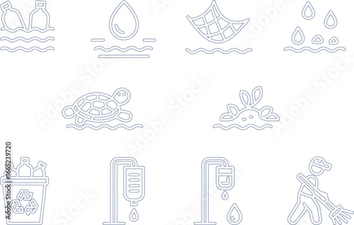 Line Icons Illustrating Environmental Issues like Pollution, Waste, and Recycle Elements
