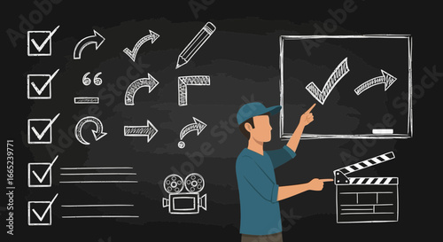 Filmmaker explains creative process of filmmaking and pre-production elements on blackboard