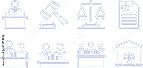 Linear Court Icon Set, Judge, Gavel, Scales of Justice, Documents on Transparent BG