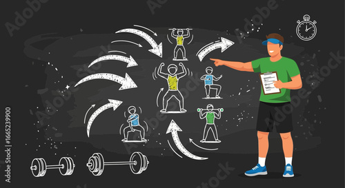 Fitness coach demonstrating exercise routine on chalkboard with dumbbells and clock illustration