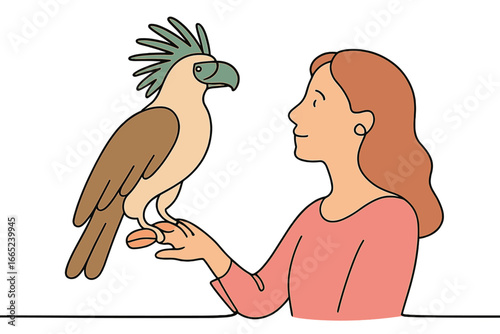 Woman interacting with an exotic bird in a bright indoor environment during daytime