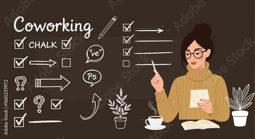 Coworking blackboard illustration with woman, checklist, and business concept vector