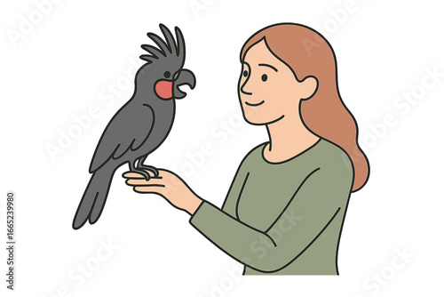 Woman interacts with a black cockatoo in a friendly setting, showcasing a bond between human and bird