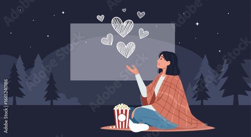 Cozy outdoor movie night under the stars with love and comfort concept design