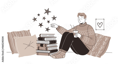 Cozy Reading Nook: A Man Enjoying Coffee Surrounded by Books and Dreamy Stars