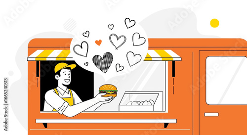 Food truck seller offering delicious burger with love, vector illustration design concept for