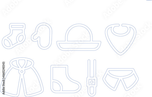 Outline Baby Clothes Set Icon Sock, Mitten, Bonnet, Bib, Cape, Boot, Pacifier