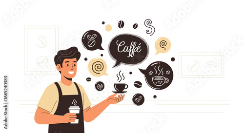 Friendly barista presents coffee with artistic coffee-themed speech bubbles and beans