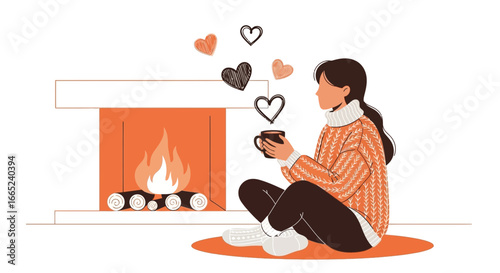 Cozy Winter Evening: Woman Enjoying Warmth of Fireplace with Hot Drink and Love