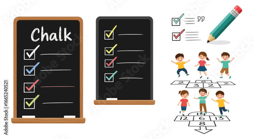 Fun Educational Elements: Chalkboards, Checklists, Pencil and Children Playing Hopscotch