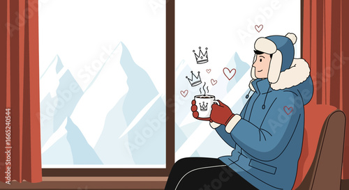 Cozy winter illustration of a man enjoying coffee indoors with mountain view creating a serene and