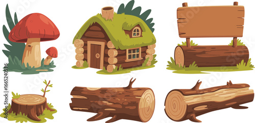 Whimsical forest cartoon elements with mushroom house, wooden cabin, tree stump, logs, nature graphics for children’s vector design content