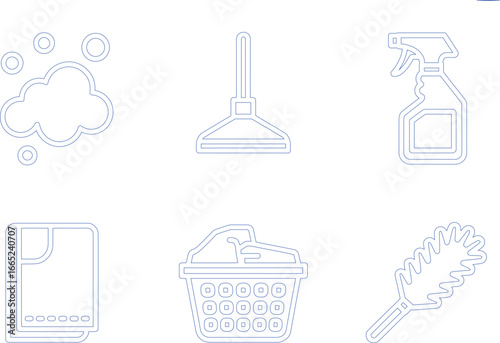 Outline Cleaning Tools Spray, Duster, Cloth, Soap, Brush Set on Transparent Background