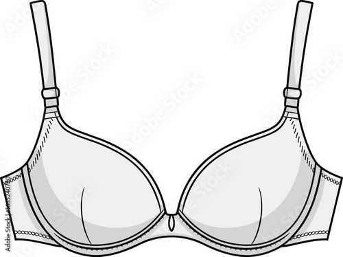 Vector technical flat sketch of women’s basic underwire bra with padded cups and adjustable straps, perfect for lingerie design projects.
