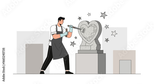 Craftsman sculpting a heart shape statue, symbolizing love and skill in art creation and artistic