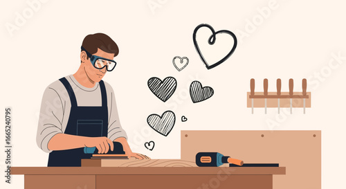 Craftsman working with love and passion in his workshop creating wooden wonders