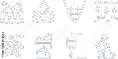 Outline Icon Set Featuring Water Pollution, Recycling, and Environmental Cleanup