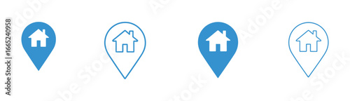 Vector art of set of location pin icons with a house symbol, representing real estate, navigation, or home services in various styles and designs for web and app use